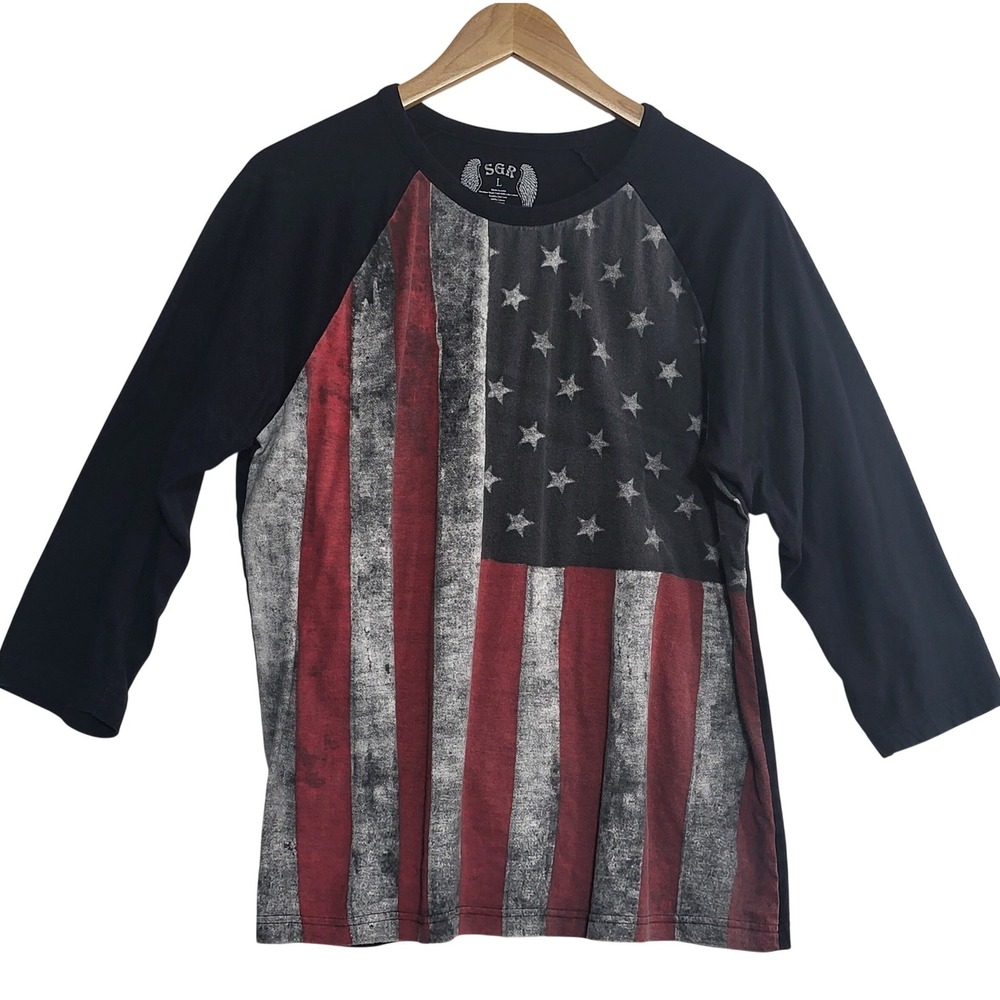 SGR Mens American Flag Raglan Baseball‎ Tee Black 3/4 Sleeve Cotton Shirt Large